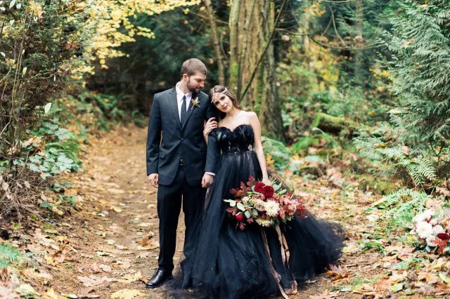 Black Strapless Tulle Long A Line Wedding Dress With Applique Lace