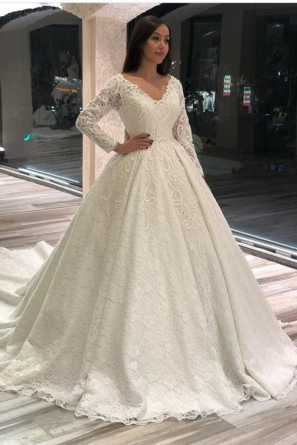 Classic A Line Long Sleeves Floor Length Deep V Neck Wedding Dress Applique Lace