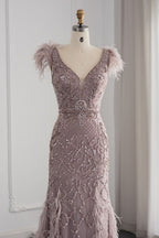 Bmbridal Taupe A Line V Neck Tulle Cap Sleeves Prom Dress With Appliques