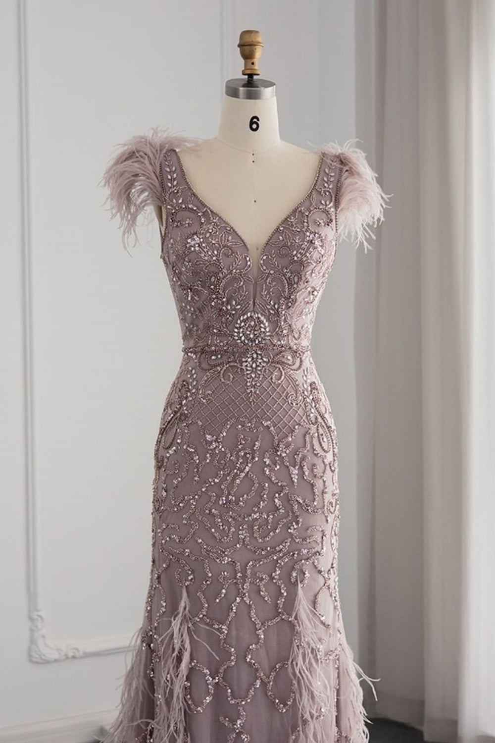 Bmbridal Taupe A Line V Neck Tulle Cap Sleeves Prom Dress With Appliques