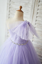 Short Sleeve Tulle Floor Length Flower Girl Dress With Bow