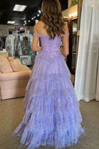 Acadia | Robe longue de bal en tulle à volants superposés et épaules dénudées, coupe en A
