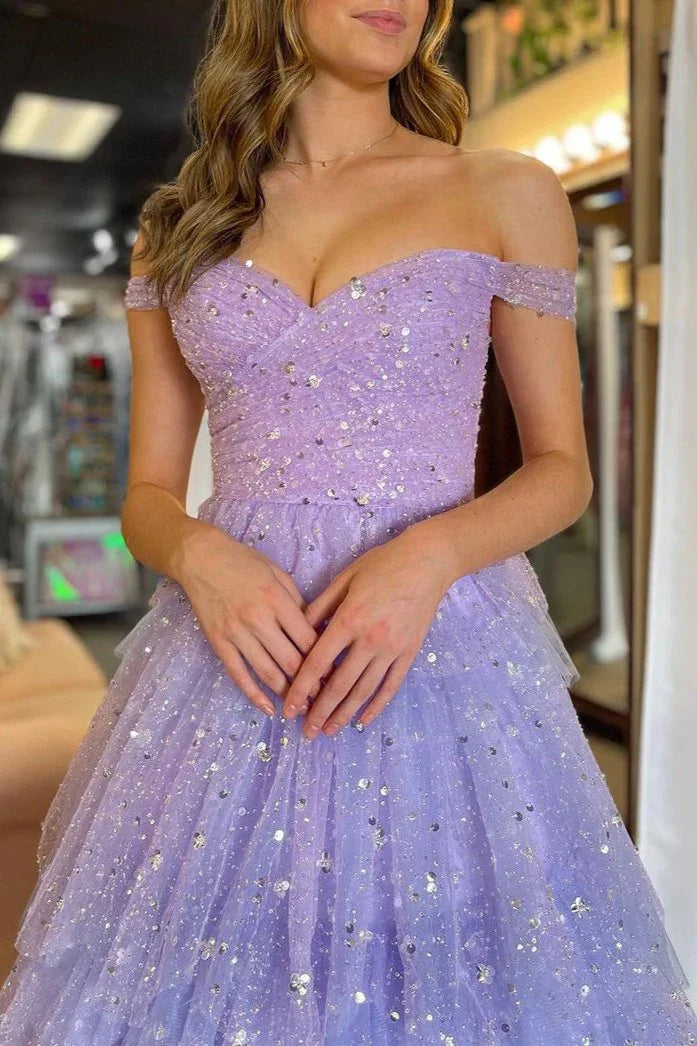 Acadia | Robe longue de bal en tulle à volants superposés et épaules dénudées, coupe en A