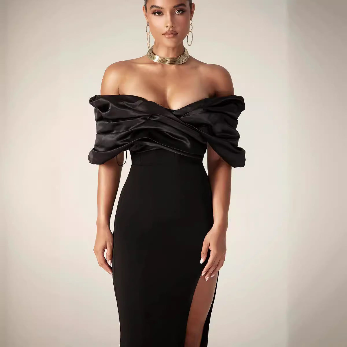 Off-Shoulder Ruched Slit Prom Dress