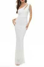 Prominente Elegante Feste Pailletten Schräger Kragen Abendkleid Kleider 