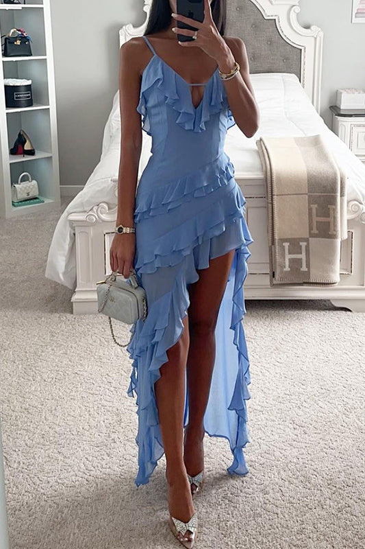 Can't Escape Love – Chiffon-Maxikleid mit mehrlagigen Rüschen und unregelmäßigem Schlitz 