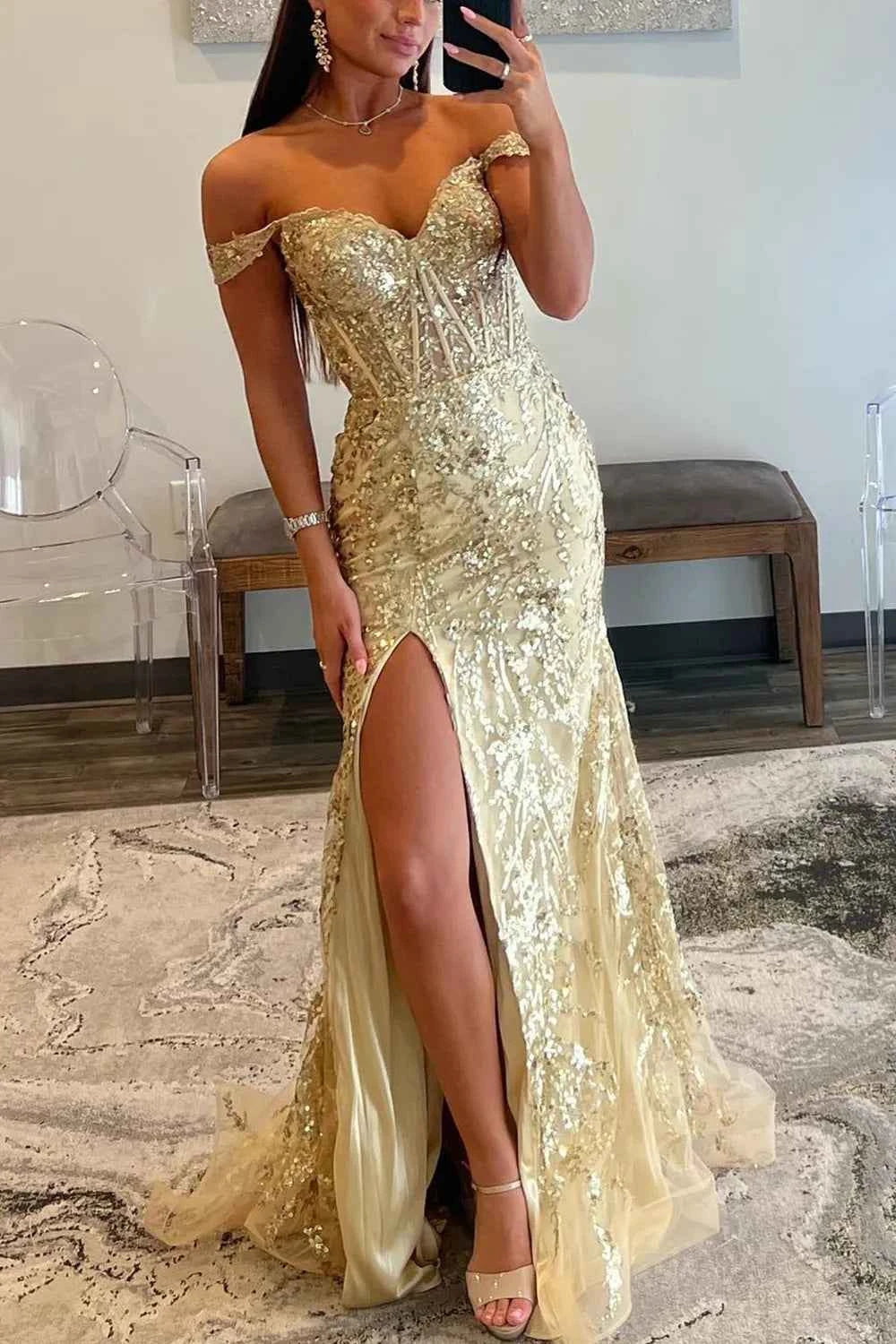 Sparkly Gold Off Shoulder Mermaid Sequin Long Prom Dress With Slit
