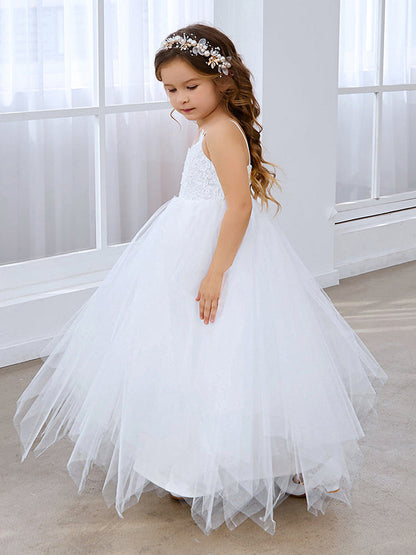 Ball-Gown/Princess Lace Tulle Floor-length White Dress (010145213)