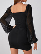 Loose Puff Sleeves Gauze Pleated See-Through Solid Color Split-Joint Square-Neck Evening Dresses Mini Dresses