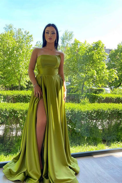 Vestidos de fiesta largos sin tirantes, corte A, de satén, con abertura frontal y bolsillos