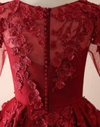 BMbridal Burgundy Long Sleeve Lace A Line Prom Dress Evening Gown