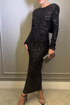 Vestido de Noite Com Laço e Sequins Sólidos Sensuais