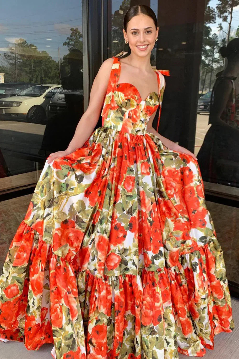 Adara | Robes longues de bal en satin à imprimé floral, coupe en A, décolleté cœur