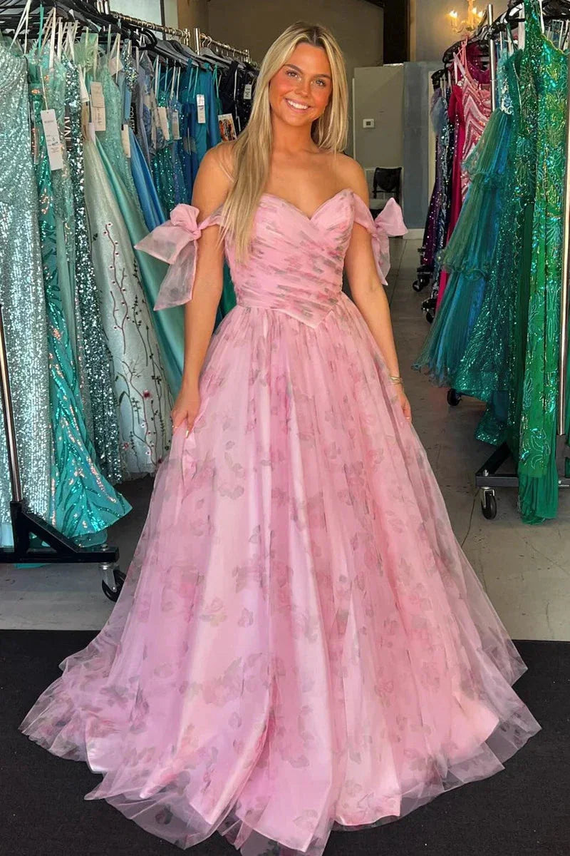 Adhara | Robes longues de bal roses à fleurs, coupe évasée, épaules dénudées