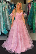 Adhara | Robes longues de bal roses à fleurs, coupe évasée, épaules dénudées