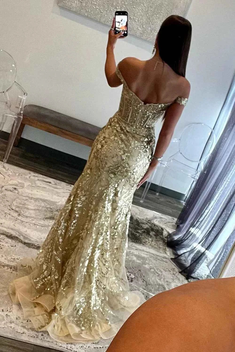 Sparkly Gold Off Shoulder Mermaid Sequin Long Prom Dress With Slit