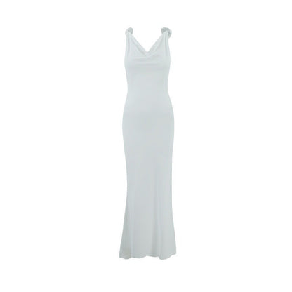 Vestido de noche sexy ajustado para mujer, escote en V profundo, espalda descubierta, tirantes finos con diseño floral decorativo, cola de pez 