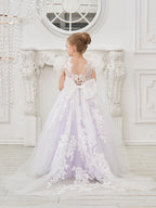 Detachable Lace Tulle Flower Girl Dress With Bow And Sweep Train