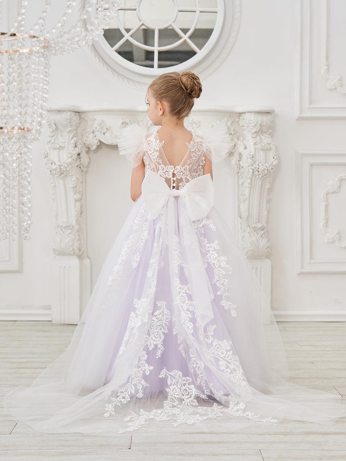 Detachable Lace Tulle Flower Girl Dress With Bow And Sweep Train
