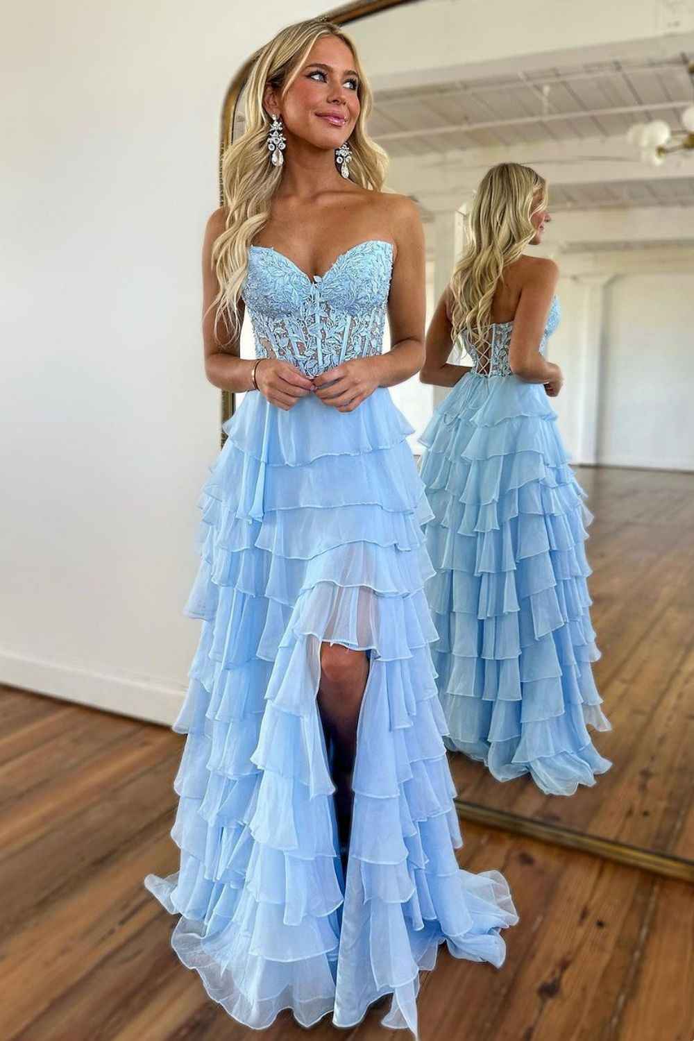 Light Blue A Line Sweetheart Chiffon Prom Dress With Tiered Ruffles Appliques