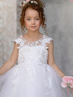 Ivory Tulle Princess Flower Girl Dress With Lace Appliques And Bow
