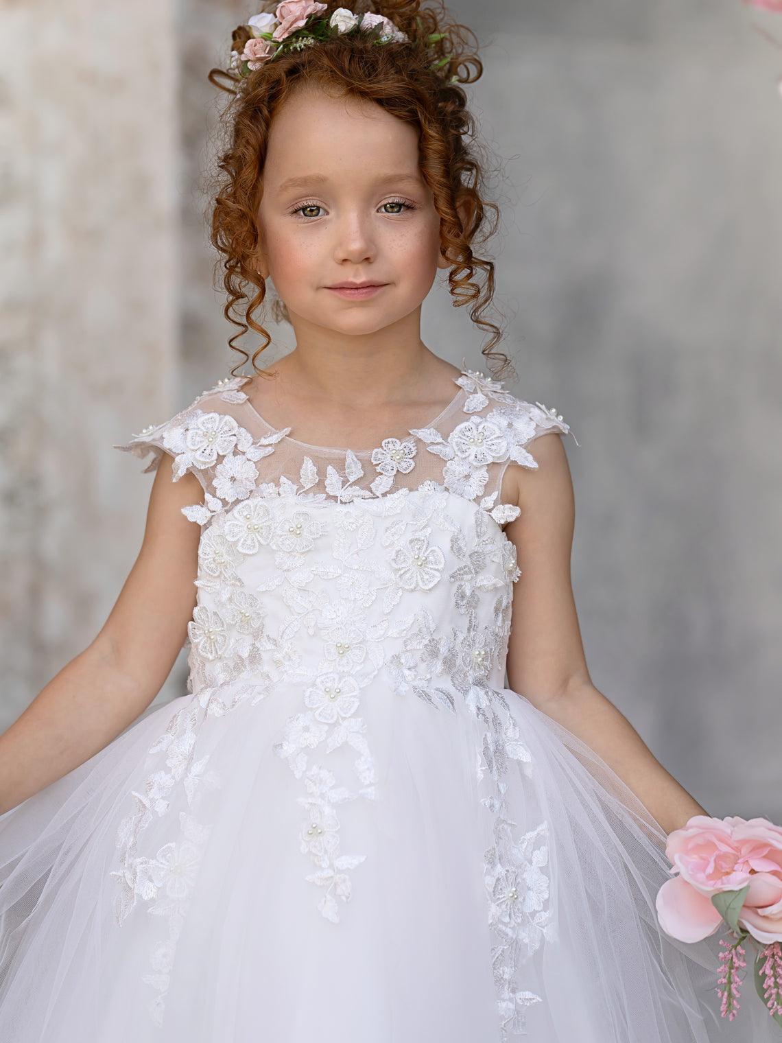 Ivory Tulle Princess Flower Girl Dress With Lace Appliques And Bow