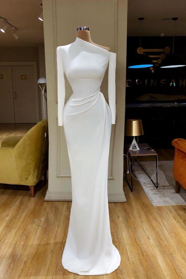 Custom White One Shoulder Mermaid Prom Dress With Long Sleeves Pleated