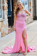 Aeliana | Robe longue de bal sirène rose sans bretelles ornée de paillettes avec fente
