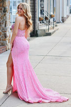 Aeliana | Robe longue de bal sirène rose sans bretelles ornée de paillettes avec fente