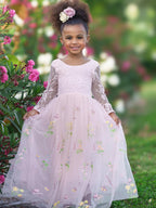 White Floral Lace Tulle Flower Girl Dress A Line Long Sleeve Floor Length