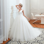 Charming V Neck Wide Straps Deep Floor Length A Line Tulle Wedding Dress