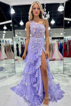 Navy Blue One Shoulder A Line Prom Dress Sparkly Polyester Lace Corset Evening Party Gown