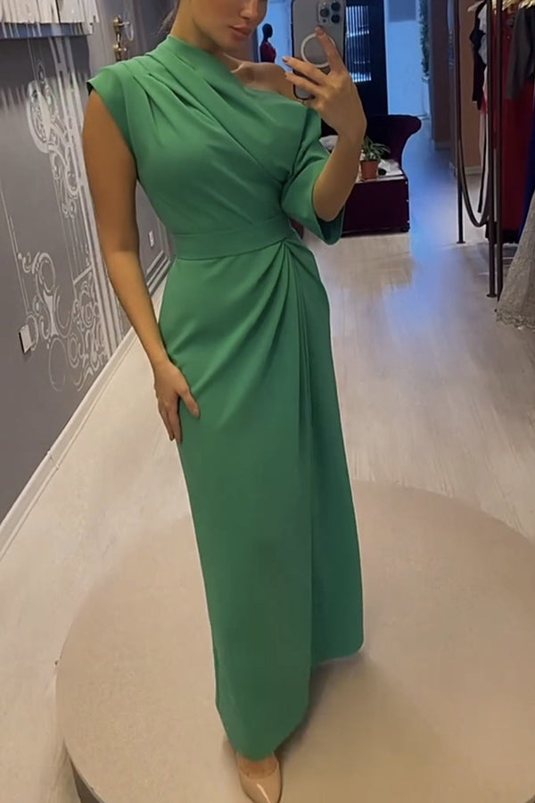 Vestido largo formal de media manga con cuello irregular fruncido de Single Tonight 