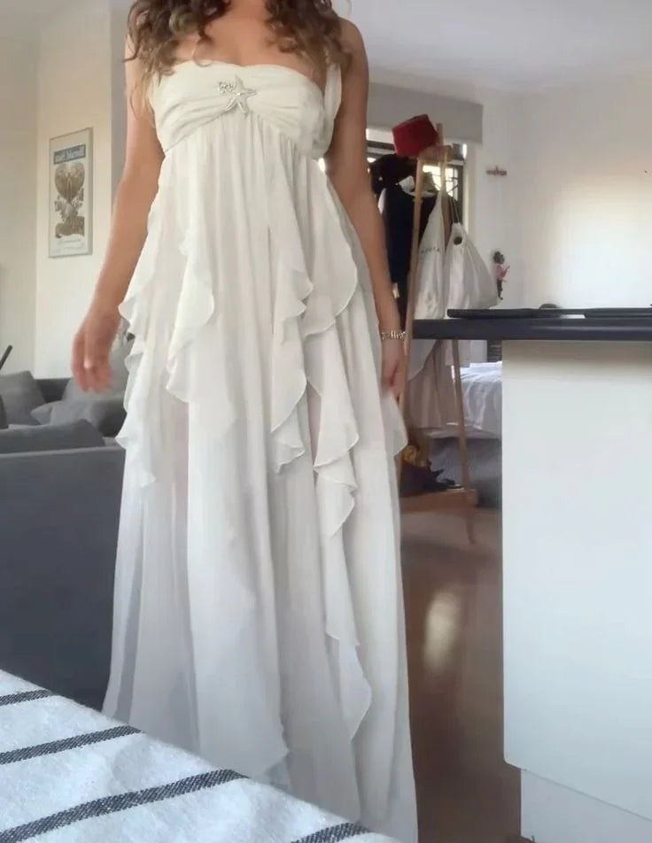 Abito da sera bohemien in chiffon bianco con collo all'americana Abito da ballo Abito da festa Y7542