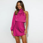 Autumn Winter Women Clothing Evening Dress: High Grade Satin One Shoulder Elegant Dress