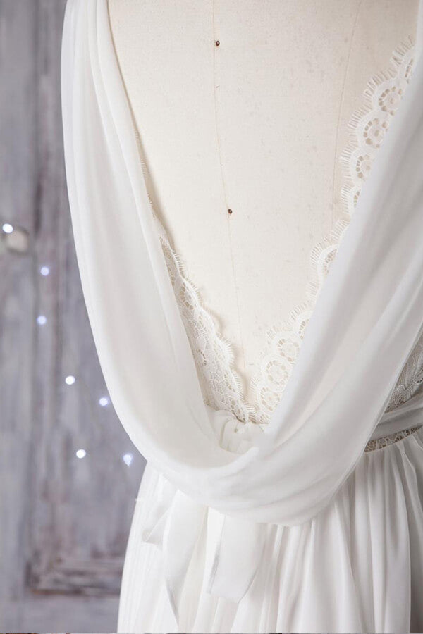 Abito da sposa economico a linea ad A asimmetrico in chiffon di pizzo con schiena scoperta
