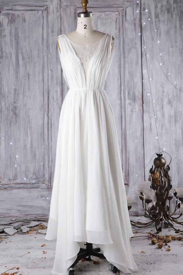 Abito da sposa economico a linea ad A asimmetrico in chiffon di pizzo con schiena scoperta