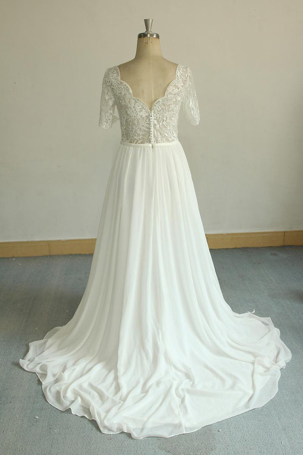 Chiffon V Neck Half Sleeve Wedding Dress White Lace A Line Train