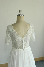 Chiffon V Neck Half Sleeve Wedding Dress White Lace A Line Train