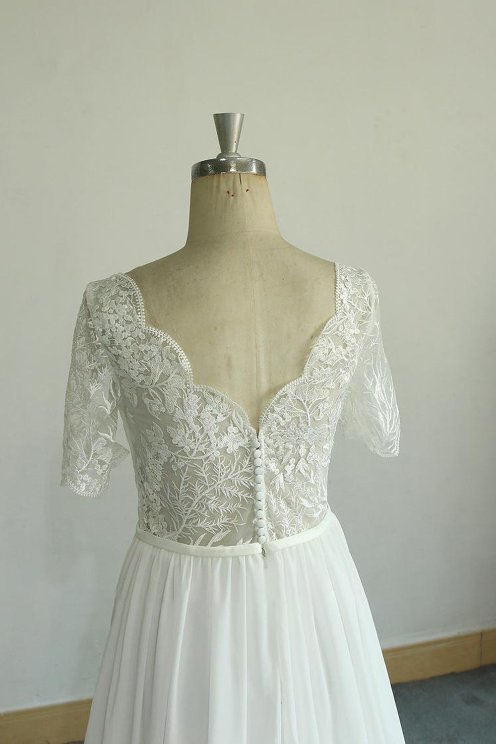Chiffon V Neck Half Sleeve Wedding Dress White Lace A Line Train