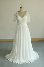 Chiffon V Neck Half Sleeve Wedding Dress White Lace A Line Train
