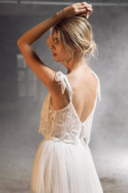 Abito da sposa economico lungo a linea ad A con scollo a cuore, tulle, pizzo e schiena scoperta