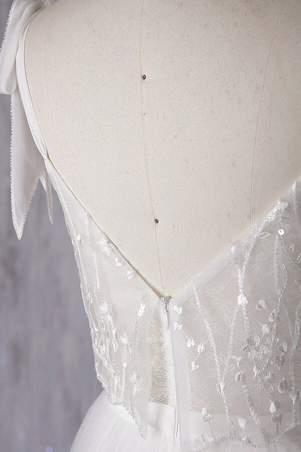 Abito da sposa economico lungo a linea ad A con scollo a cuore, tulle, pizzo e schiena scoperta