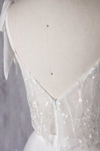 Abito da sposa economico lungo a linea ad A con scollo a cuore, tulle, pizzo e schiena scoperta