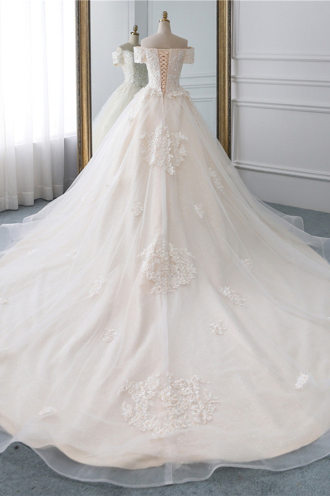 Off The Shoulder White Tulle Lace Wedding Dress With Appliques On Sale