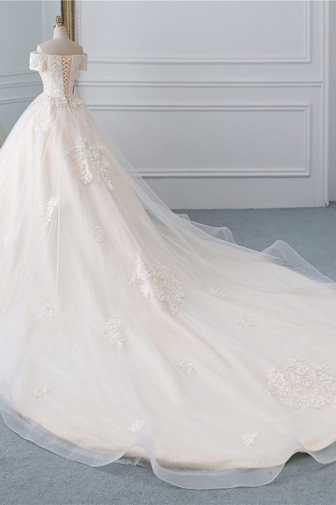 Off The Shoulder White Tulle Lace Wedding Dress With Appliques On Sale