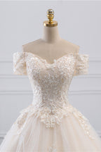 Off The Shoulder White Tulle Lace Wedding Dress With Appliques On Sale