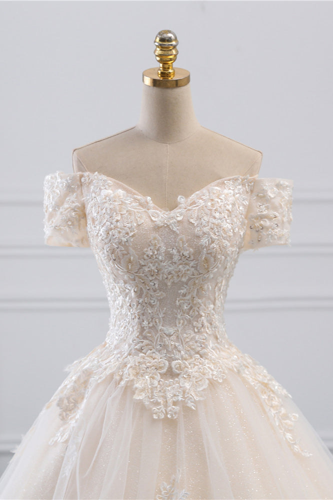 Off The Shoulder White Tulle Lace Wedding Dress With Appliques On Sale