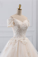 Off The Shoulder White Tulle Lace Wedding Dress With Appliques On Sale