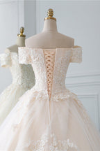 Off The Shoulder White Tulle Lace Wedding Dress With Appliques On Sale